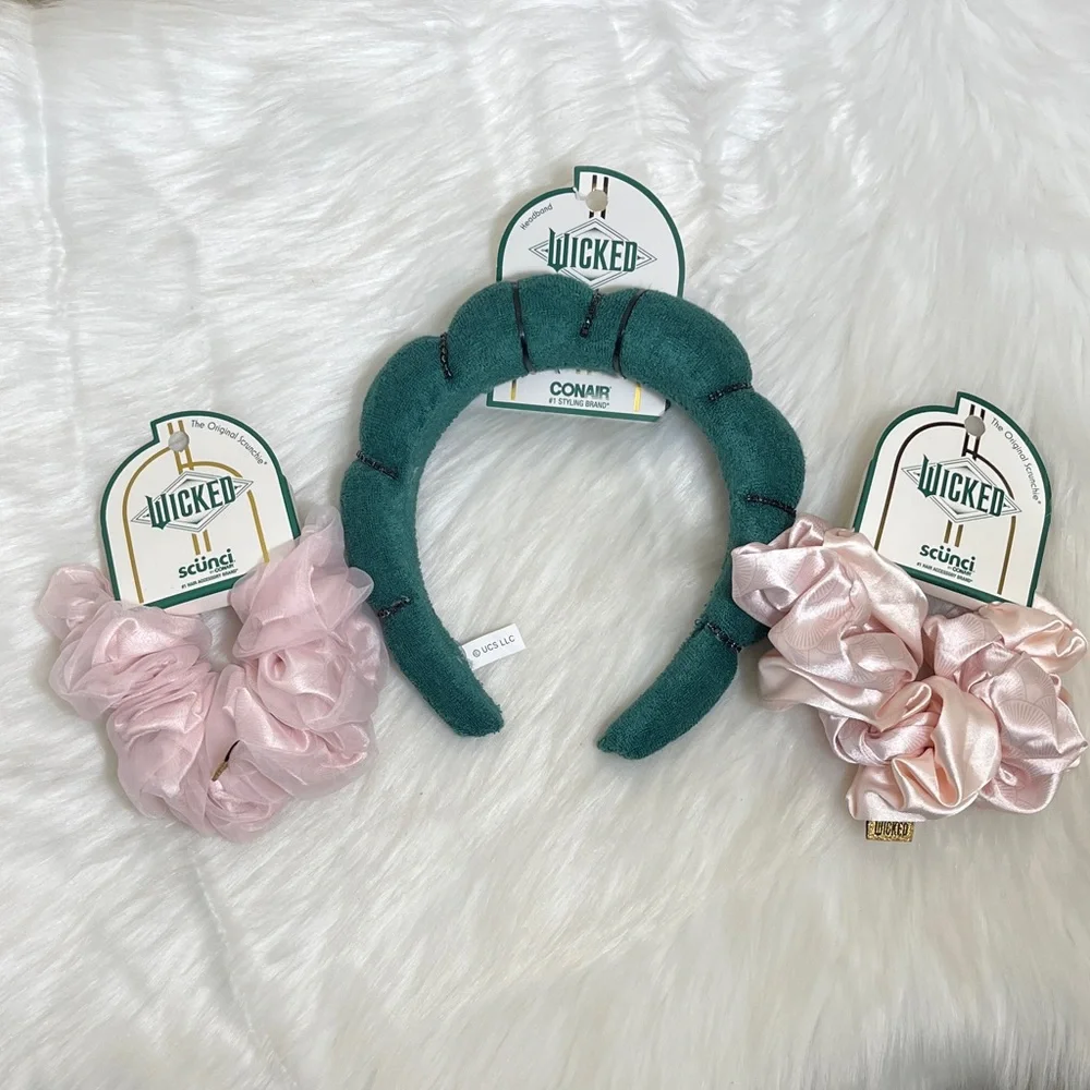 New Scunci Wicked Green Headband Pink Scrunchies Ponytail Holder Set